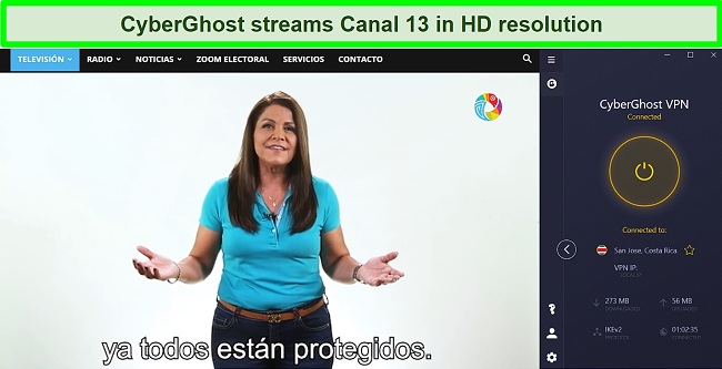 Screenshot of CyberGhost streaming live TV on Canal 13