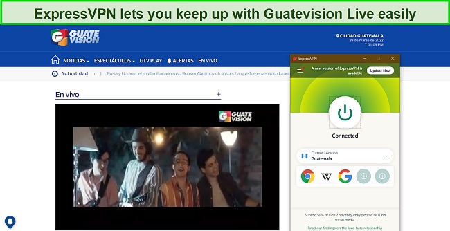 Screenshot of ExpressVPN streaming the live channel on Guatevision