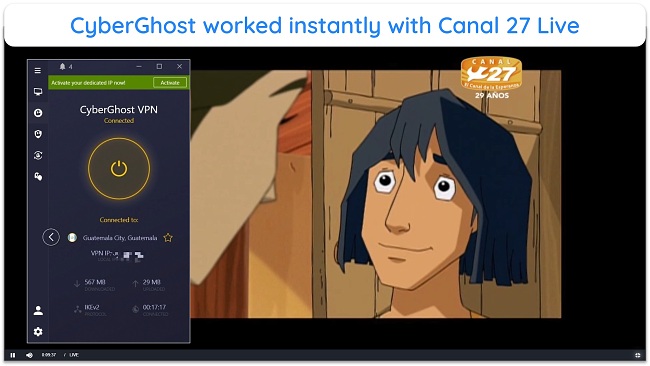 Alt Text: A screenshot of animated movies streaming lag-free on Canal 27 Live while the tester is connected to the CyberGhost Guatemala server