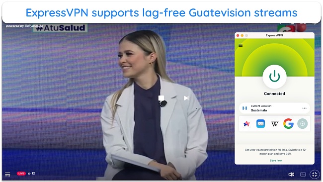 Alt Text: A screenshot of Guatevision live streaming while the tester is connected to the ExpressVPN Guatemala server