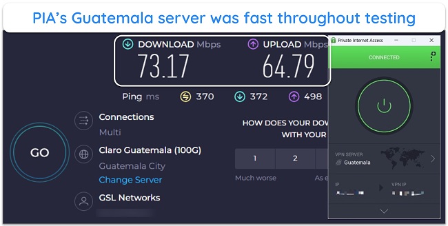 Alt text: Screenshot of speed test on Private Internet Access Guatemala server