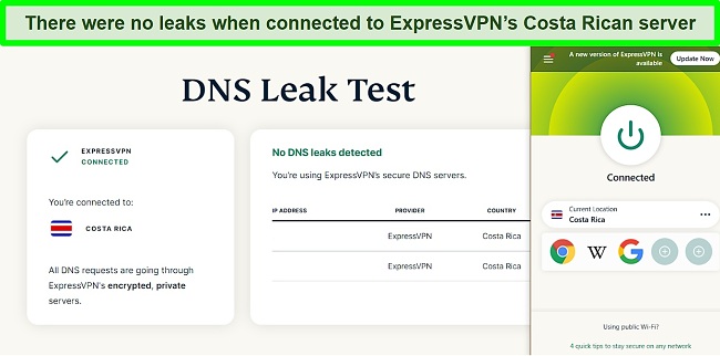 Screenshot of ExpressVPN's DNS leak test result showing no DNS leaks