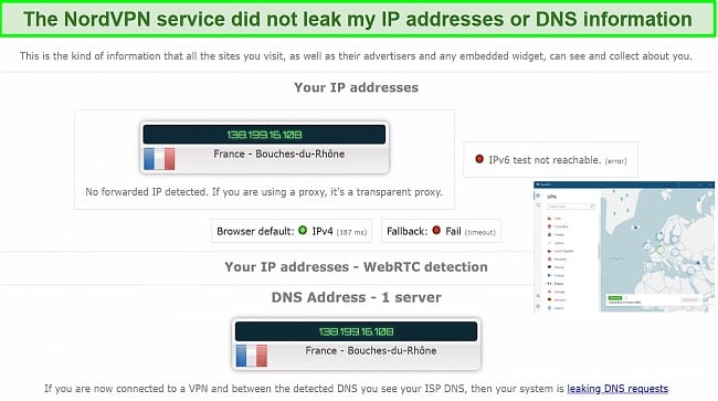 A screenshot showing how NordVPN's leak protection feature keeps the tester's IP address and DNS information hidden while being connected to a server in France