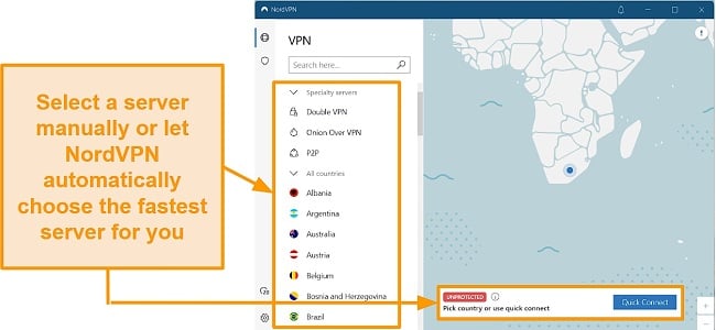 NordVPN servers list screenshot