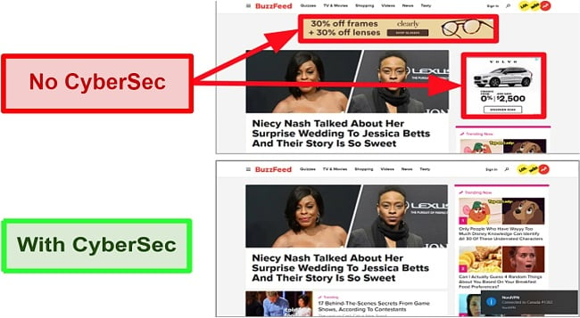  Screenshot of NordVPN blocking ads on Buzzfeed with and without CyberSec