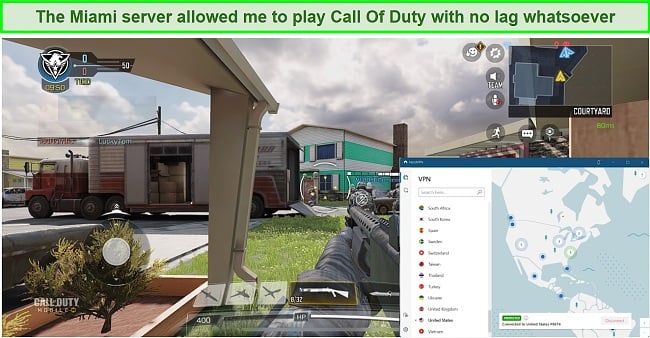 Screenshot of Call of Duty playing on NordVPN's server in Miami