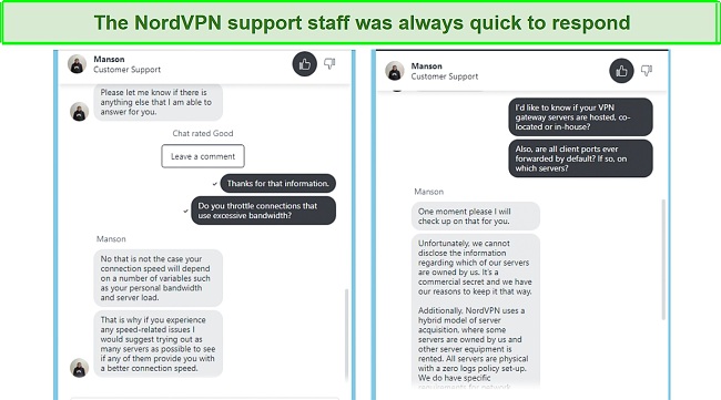 NordVPN’s 24/7 live chat support is prompt and helpful