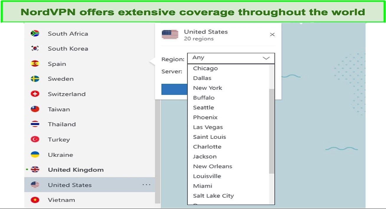 Screenshot showing NordVPN's server locations