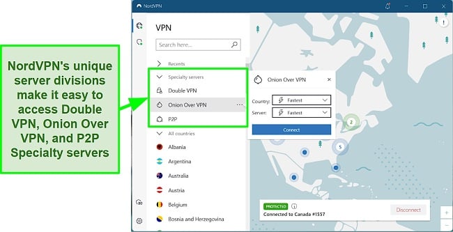 Screenshot of a NordVPN review highlighting its specialty servers, featuring user interface elements and server options
