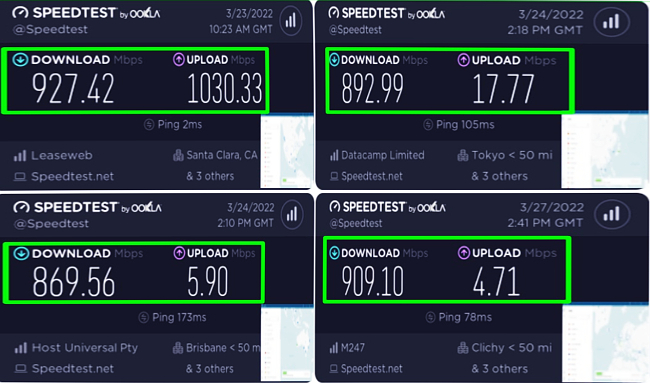 Screenshot showing NordVPN connection speed test results