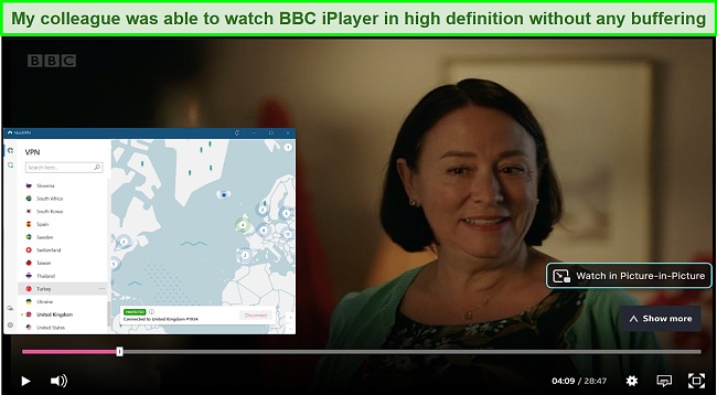 Screenshot of NordVPN unblocking BBC iplayer