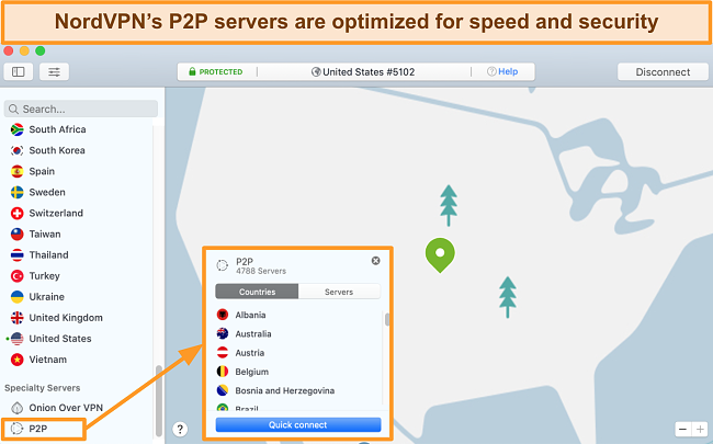 Screenshot of NordVPN's list of P2P servers on its Mac app