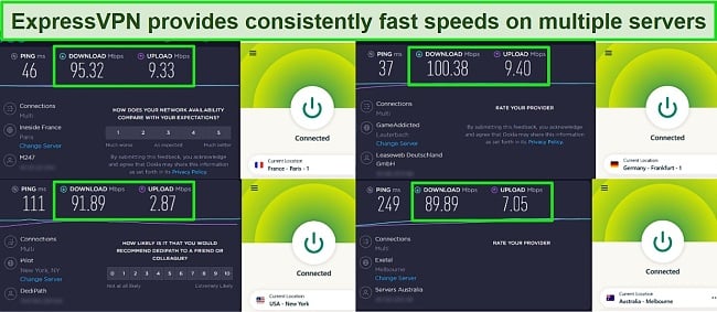 Screenshots of ExpressVPN connected to servers in France, Germany, the US, and Australia, with Ookla speed test results.
