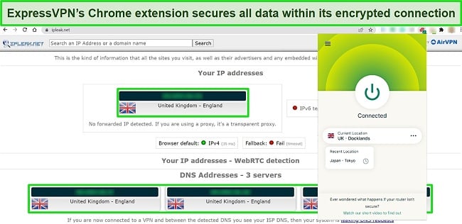 Screenshot of ExpressVPN's Chrome extension connected to a UK server, with an IPLeak.net test showing zero data leaks.