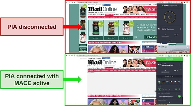 Screenshots of the Mail Online website with PIA connected and disconnected to show the MACE ad-block feature working effectively