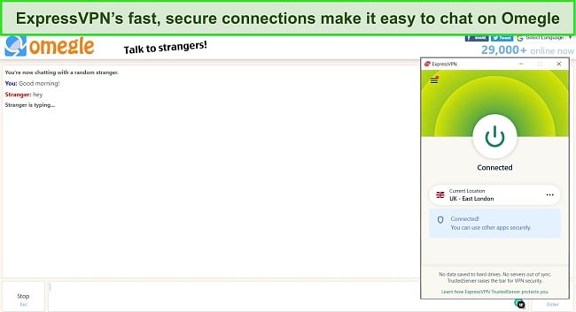 Screenshot of ExpressVPN connected to a UK server with an Omegle chat active in the background