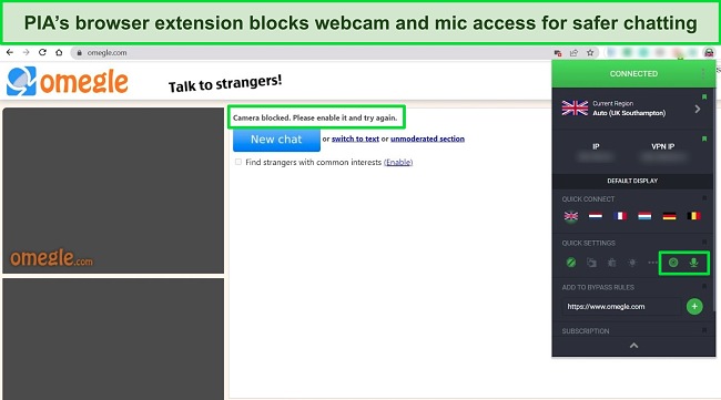 Screenshot of PIA's Chrome browser extension connected to a UK server with microphone and webcam features blocked, with Omegle in the background also showing webcam and mic are blocked.