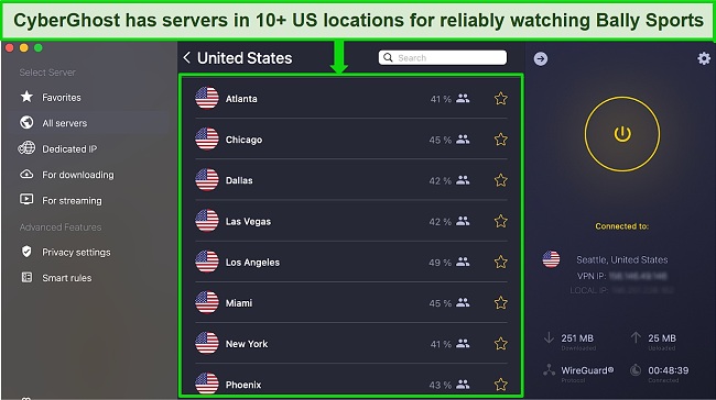 Screenshot of CyberGhost's US servers