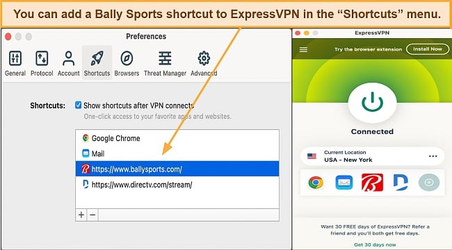 Image of ExpressVPN's Shortcuts menu with Bally Sports' website added