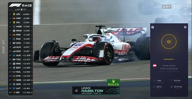Screenshot of Formula 1 streaming on ORF with CyberGhost connected