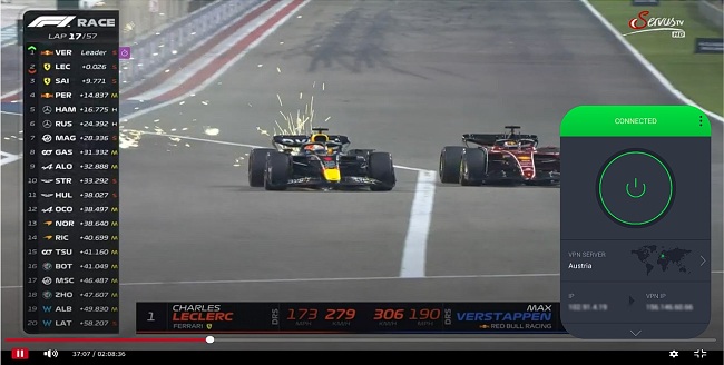 Screenshot of Formula 1 streaming on ServusTV with PIA connected