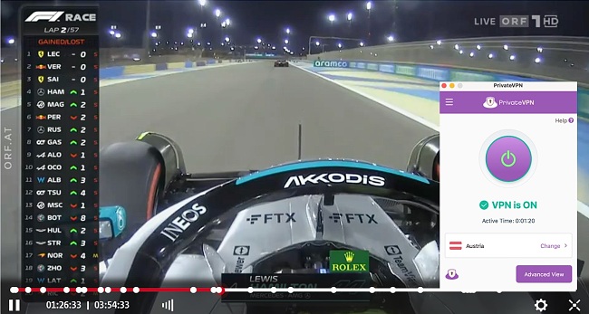 Screenshot of Formula 1 streaming on ORF with PrivateVPN connected