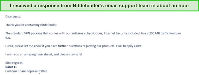 Screenshot of email by Bitdefender's support team