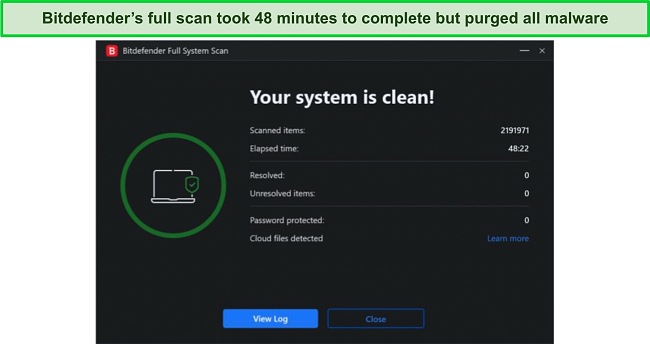 Screenshot of Bitdefender's full scan time elapsed