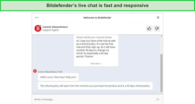 Screenshot of Bitdefender's live chat