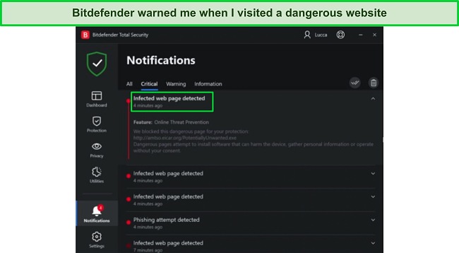Screenshot of Bitdefender blocking a dangerous website