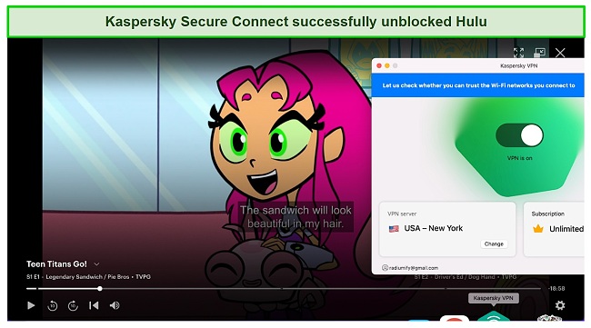 Screenshot of Kaspersky Secure Connect unblocking Hulu