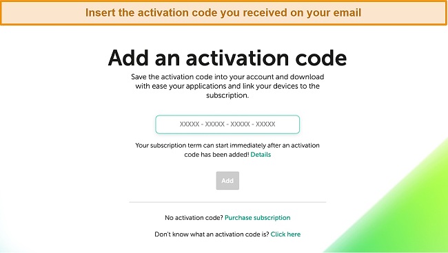 Screenshot of Kaspersky Activation Code validation page