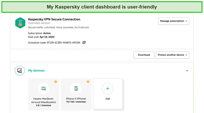 Screenshot of My Kaspersky client dashboard