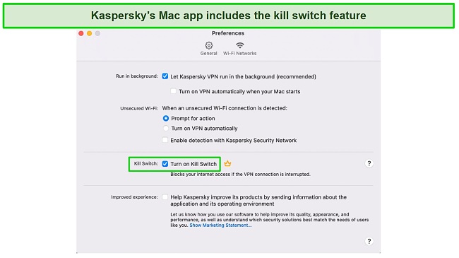 Screenshot of Kaspersky's kill switch feature on its Mac app