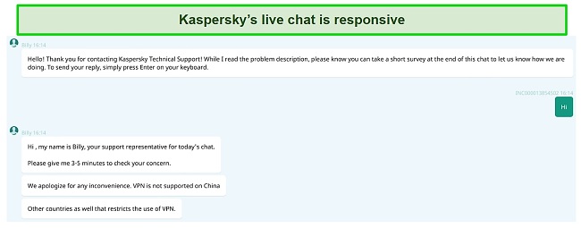 Screenshot of Kaspersky live chat with customer service representative