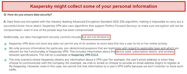 Screenshot of Kaspersky's privacy policy and what personal data it might store