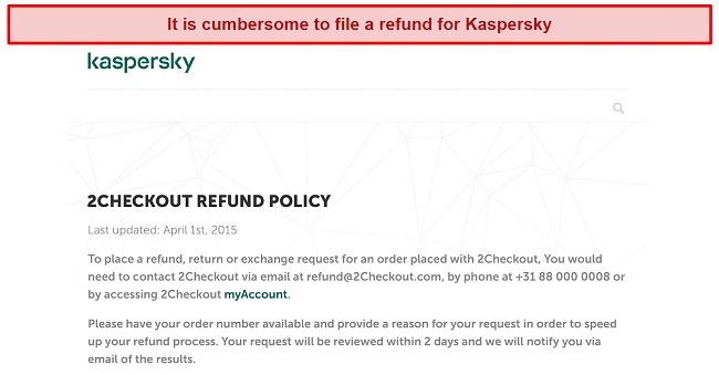 Screenshot of Kaspersky's refund policy