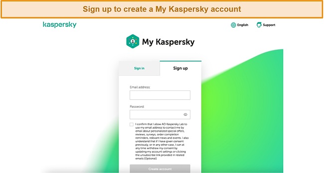 Screenshot of My Kaspersky sign up page