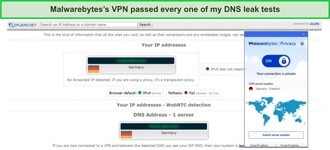 Screenshot of Malwarebytes's DNS leak test