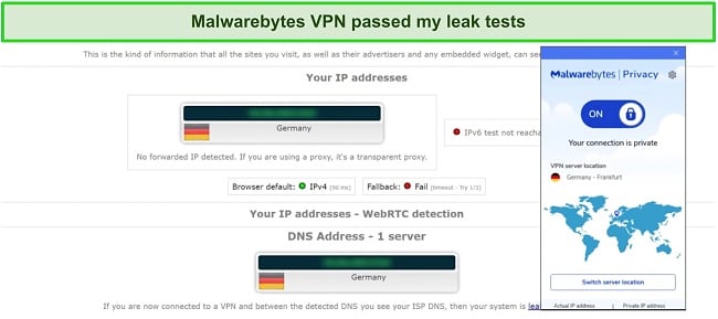 Screenshot of DNS leak test results for Malwarebytes's VPN