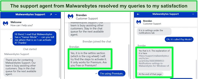 Screenshot of live chat with Malwarebytes's customer support agent