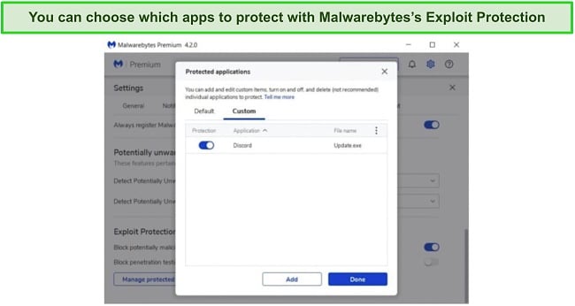 Screenshot of list of apps protected by Malwarebytes's Exploit Protection