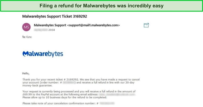 Screenshot of Malwarebytes's refund confirmation email