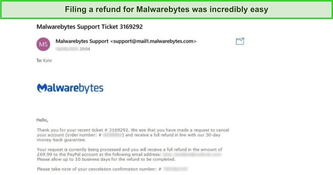 Screenshot of Malwarebytes's refund confirmation email