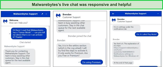 Screenshot of Malwarebytes's 24/7 live chat