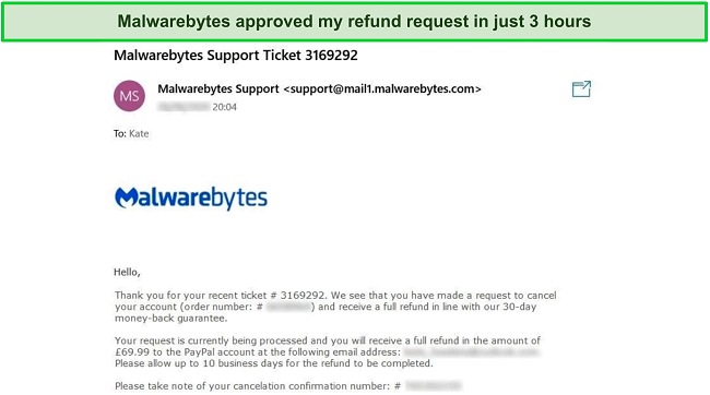 Screenshot of email from Malwarebytes approving a refund