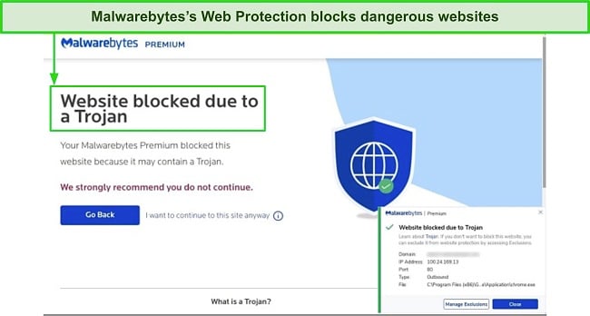 Screenshot of Malwarebytes's web protection feature in action