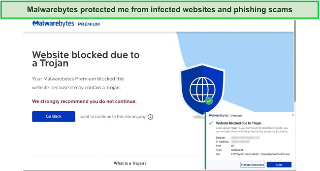 Screenshot of Malwarebytes blocking a malware-infested website