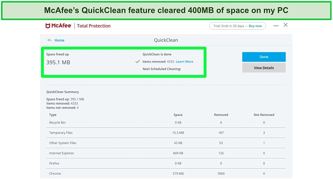 Screenshot of McAfee QuickClean results