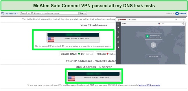 Screenshot of McAfee Safe Connect passing DNS leak test